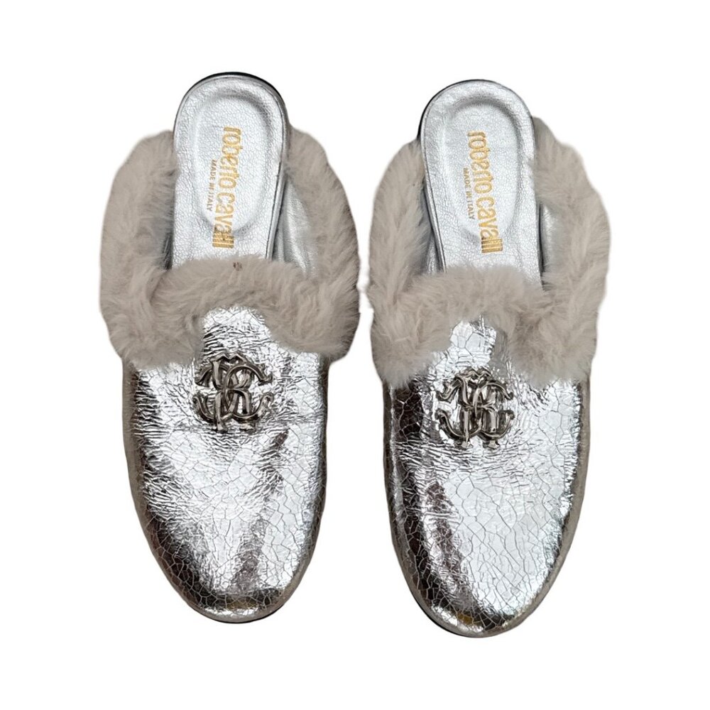 Roberto Cavalli silver fur trim mules size 6